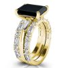 Emerald Cut Black Onyx Wedding Ring Set for Women in Sterling Silver
