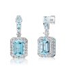 Halo Emerald Cut Aquamarine Drop Earrings in Sterling Silver