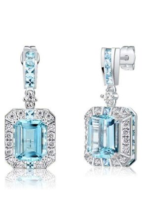 Halo Emerald Cut Aquamarine Drop Earrings in Sterling Silver