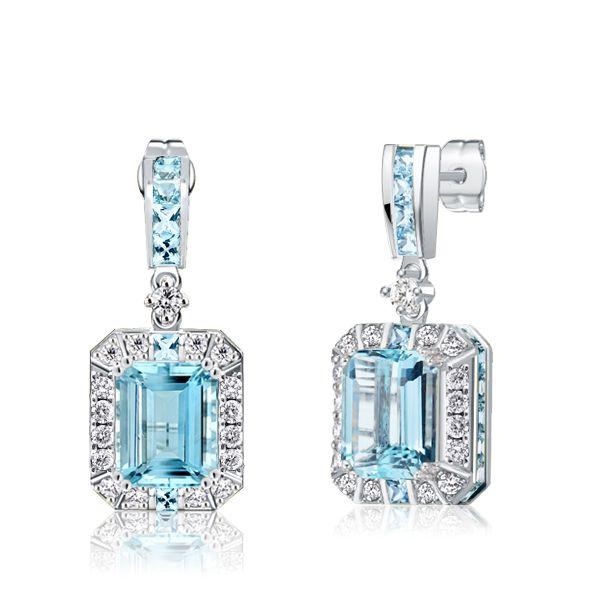Halo Emerald Cut Aquamarine Drop Earrings in Sterling Silver