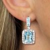 Halo Emerald Cut Aquamarine Drop Earrings in Sterling Silver