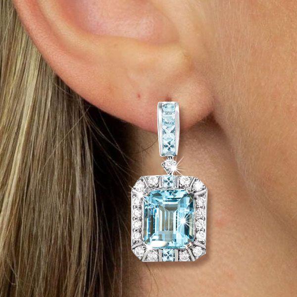 Halo Emerald Cut Aquamarine Drop Earrings in Sterling Silver