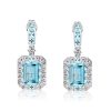 Halo Emerald Cut Aquamarine Drop Earrings in Sterling Silver