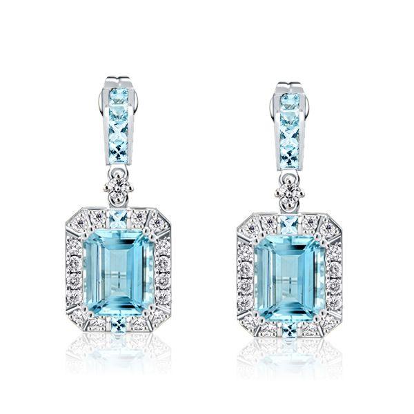 Halo Emerald Cut Aquamarine Drop Earrings in Sterling Silver