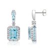 Halo Emerald Cut Aquamarine Drop Earrings in Sterling Silver
