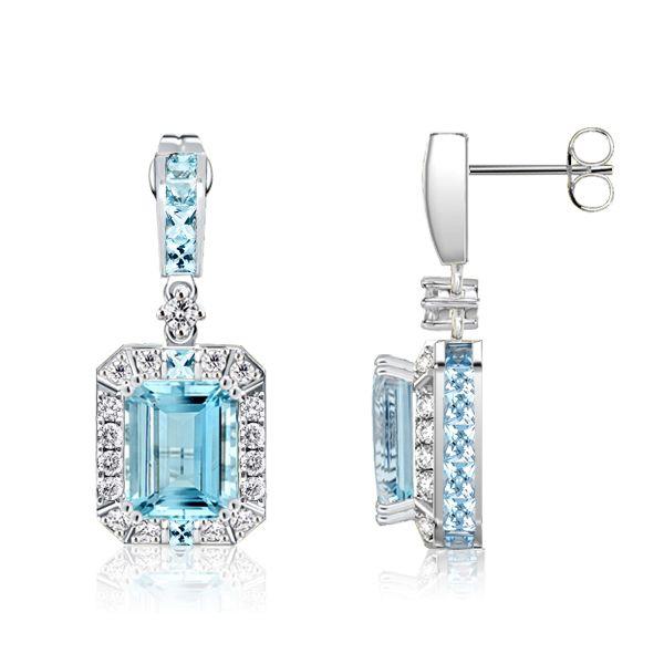 Halo Emerald Cut Aquamarine Drop Earrings in Sterling Silver