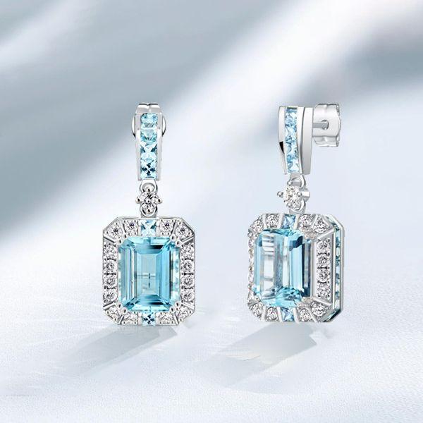 Halo Emerald Cut Aquamarine Drop Earrings in Sterling Silver