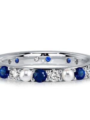 Eternity Ring for Women with White Pearl and Blue Sapphire in Sterling Silver