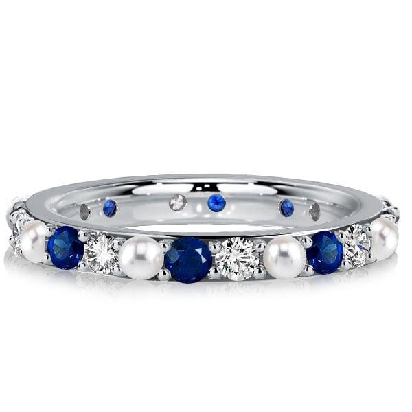 Eternity Ring for Women with White Pearl and Blue Sapphire in Sterling Silver