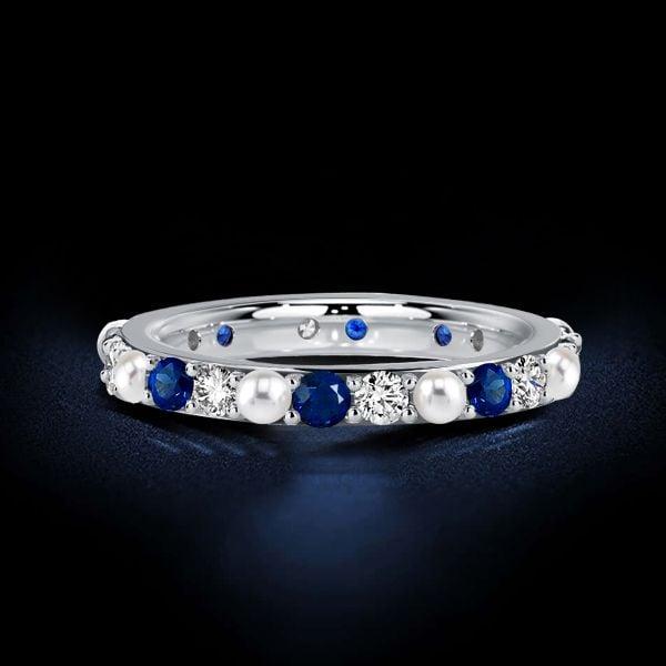 Eternity Ring for Women with White Pearl and Blue Sapphire in Sterling Silver