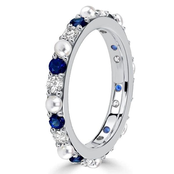 Eternity Ring for Women with White Pearl and Blue Sapphire in Sterling Silver