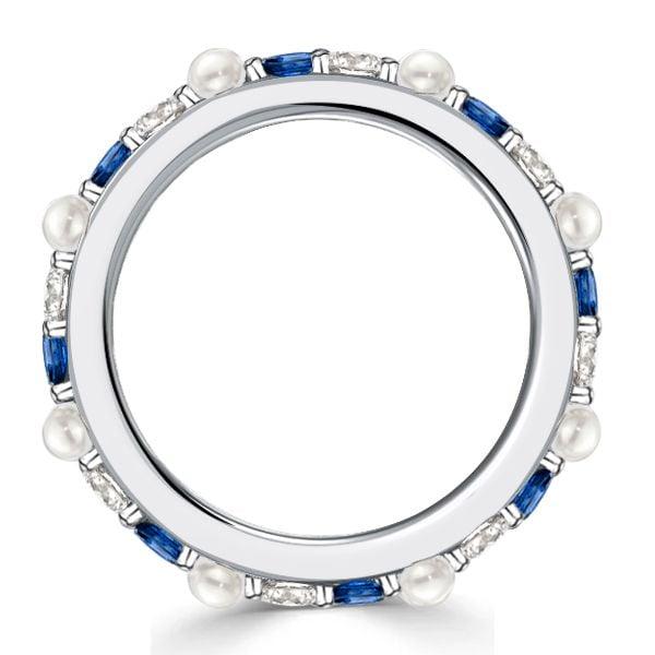 Eternity Ring for Women with White Pearl and Blue Sapphire in Sterling Silver