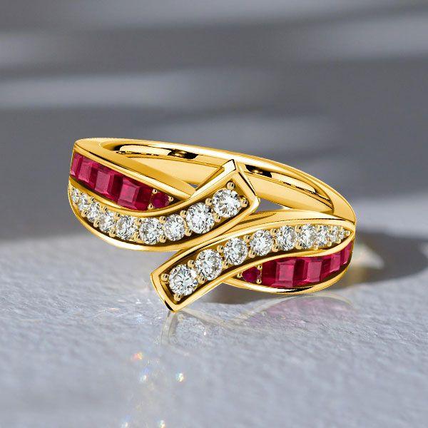 Golden Bypass Ruby Half Eternity Wedding Band - 18K Gold Plated Sterling Silver