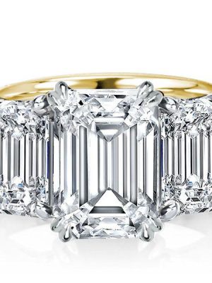Two-Tone Emerald Cut Three Stone Engagement Ring - Sterling Silver & Gold
