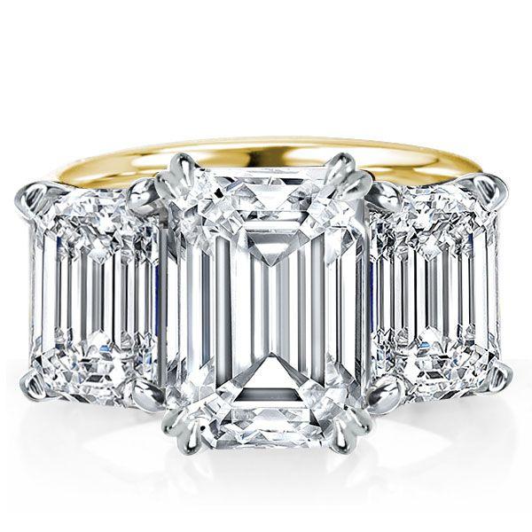 Two-Tone Emerald Cut Three Stone Engagement Ring - Sterling Silver & Gold