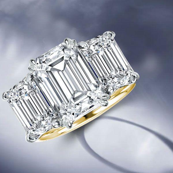 Two-Tone Emerald Cut Three Stone Engagement Ring - Sterling Silver & Gold