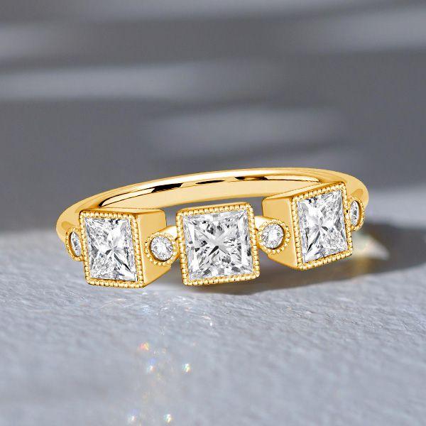 Princess Cut Half Eternity Milgrain Bezel Ring - 18K Gold Plated Sterling Silver - 1.21 CT. TW.