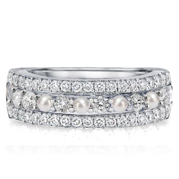 Pearl Half Eternity Wedding Band - 925 Sterling Silver Anniversary Ring