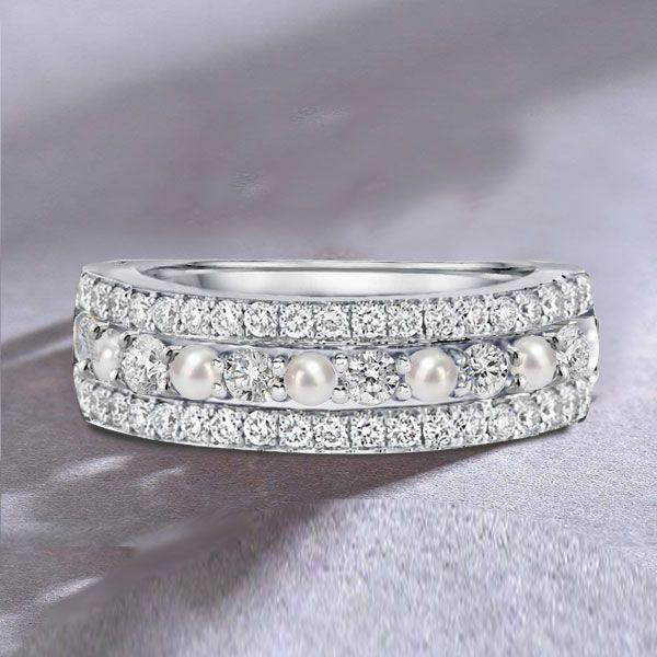 Pearl Half Eternity Wedding Band - 925 Sterling Silver Anniversary Ring