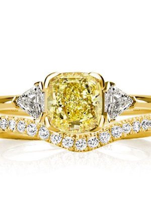 Yellow Topaz Bridal Set - Cushion Cut Sterling Silver Three Stone Ring
