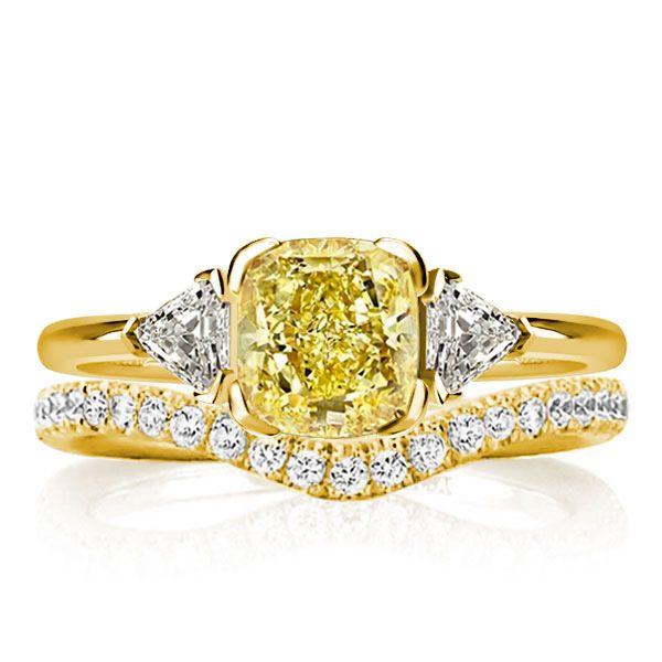 Yellow Topaz Bridal Set - Cushion Cut Sterling Silver Three Stone Ring