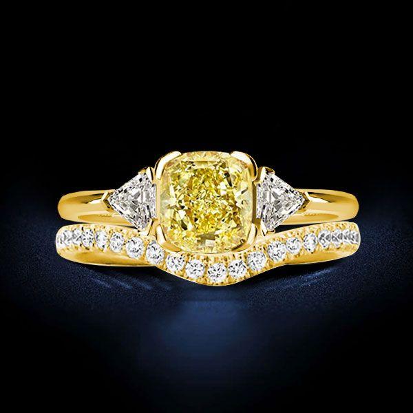 Yellow Topaz Bridal Set - Cushion Cut Sterling Silver Three Stone Ring