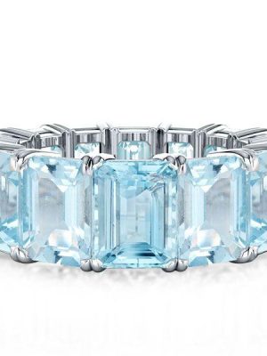 Emerald Cut Aquamarine Eternity Band - Sterling Silver Wedding Ring