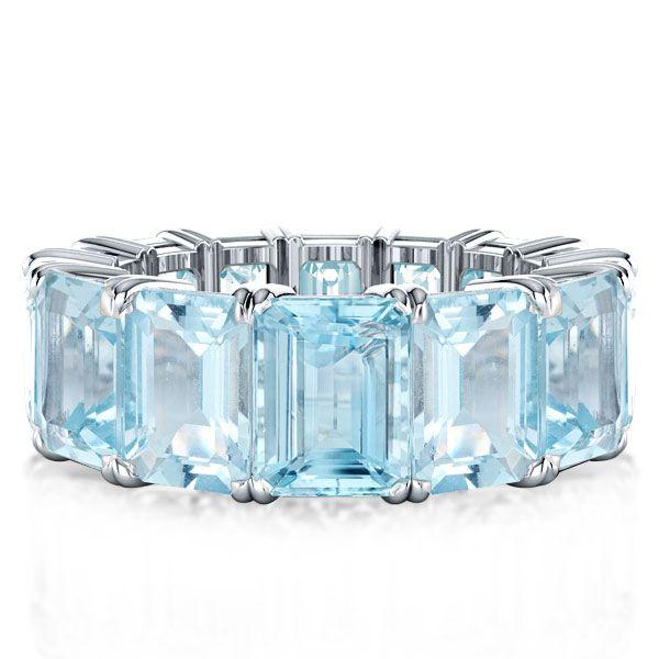 Emerald Cut Aquamarine Eternity Band - Sterling Silver Wedding Ring