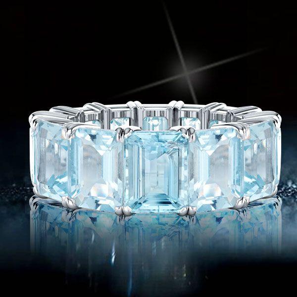 Emerald Cut Aquamarine Eternity Band - Sterling Silver Wedding Ring