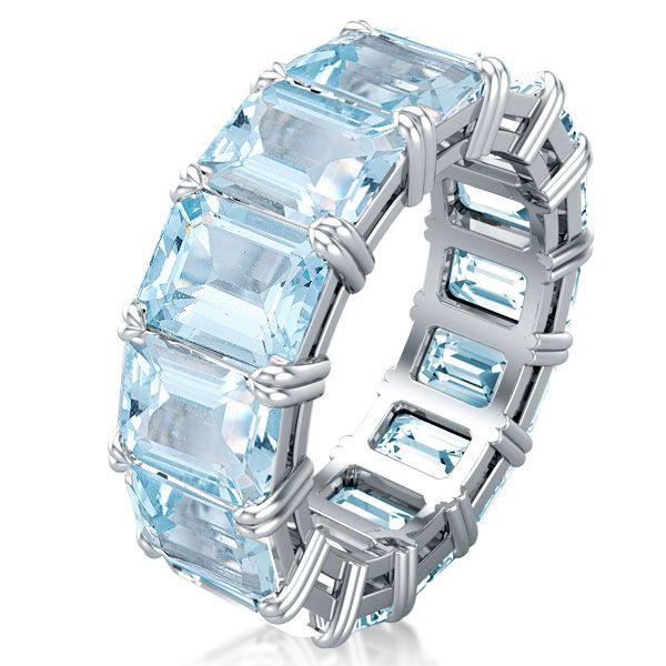 Emerald Cut Aquamarine Eternity Band - Sterling Silver Wedding Ring