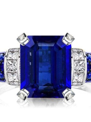 Emerald Cut Blue Sapphire Two Tone Engagement Ring - Sterling Silver