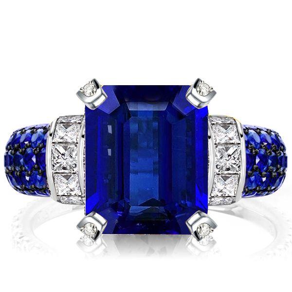 Emerald Cut Blue Sapphire Two Tone Engagement Ring - Sterling Silver