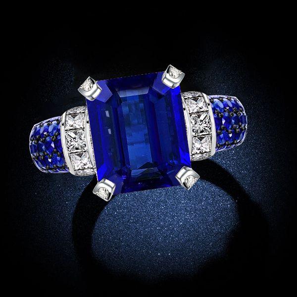 Emerald Cut Blue Sapphire Two Tone Engagement Ring - Sterling Silver