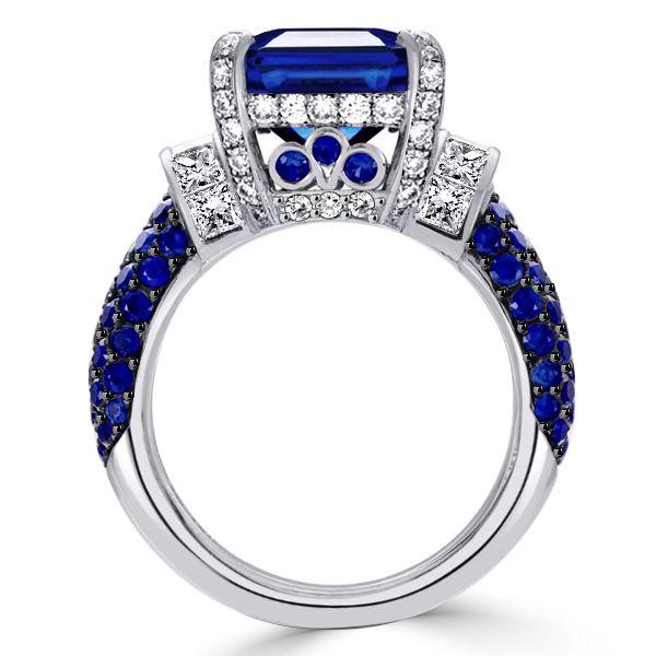 Emerald Cut Blue Sapphire Two Tone Engagement Ring - Sterling Silver