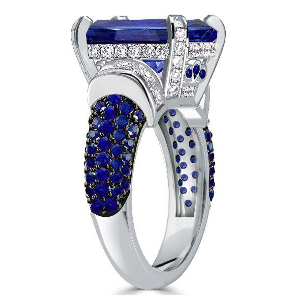 Emerald Cut Blue Sapphire Two Tone Engagement Ring - Sterling Silver