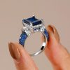 Emerald Cut Blue Sapphire Two Tone Engagement Ring - Sterling Silver