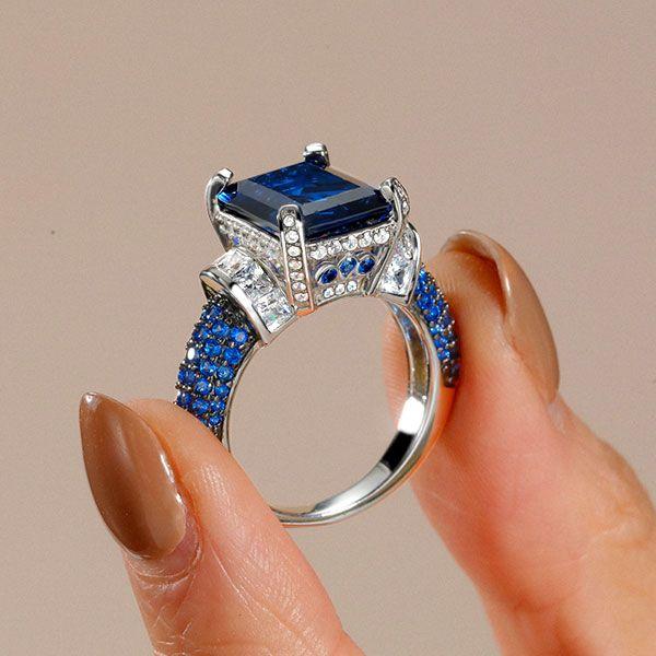 Emerald Cut Blue Sapphire Two Tone Engagement Ring - Sterling Silver