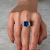 Emerald Cut Blue Sapphire Two Tone Engagement Ring - Sterling Silver