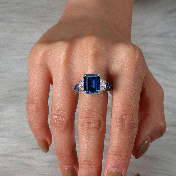 Emerald Cut Blue Sapphire Two Tone Engagement Ring - Sterling Silver