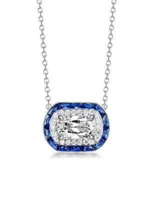 Halo Cushion Cut Created Sapphire Pendant Necklace - Sterling Silver
