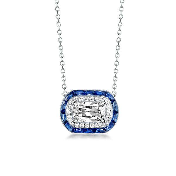 Halo Cushion Cut Created Sapphire Pendant Necklace - Sterling Silver