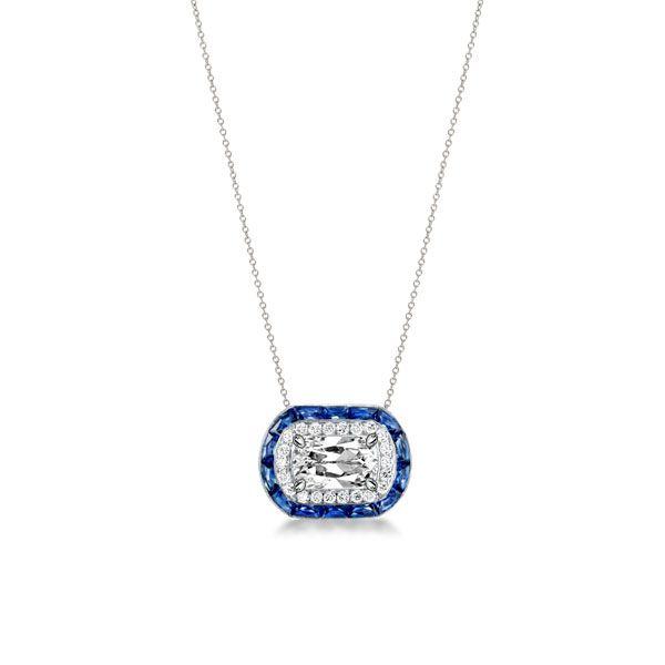 Halo Cushion Cut Created Sapphire Pendant Necklace - Sterling Silver