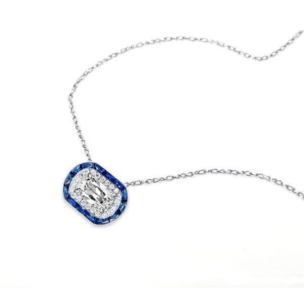 Halo Cushion Cut Created Sapphire Pendant Necklace - Sterling Silver