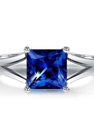Princess Cut Blue Sapphire Engagement Ring in 925 Sterling Silver