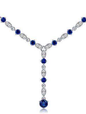 Blue Sapphire Milgrain Y Necklace in Sterling Silver - 1.32 CT. TW