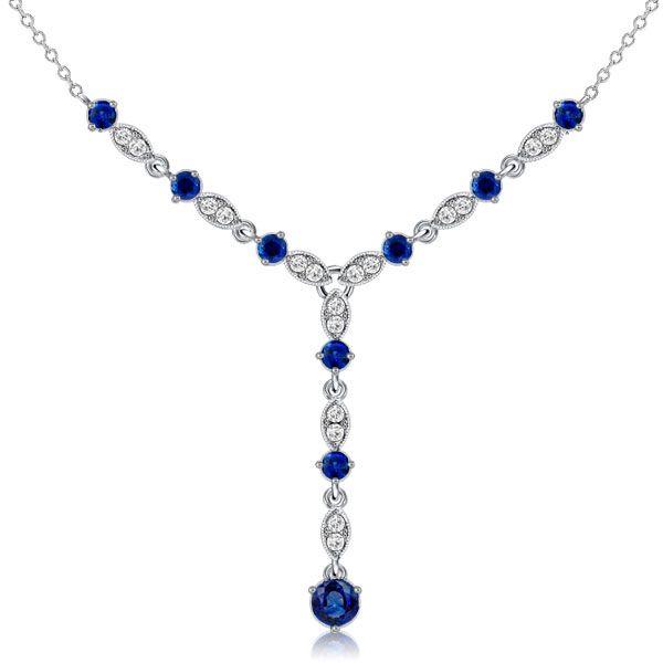 Blue Sapphire Milgrain Y Necklace in Sterling Silver - 1.32 CT. TW