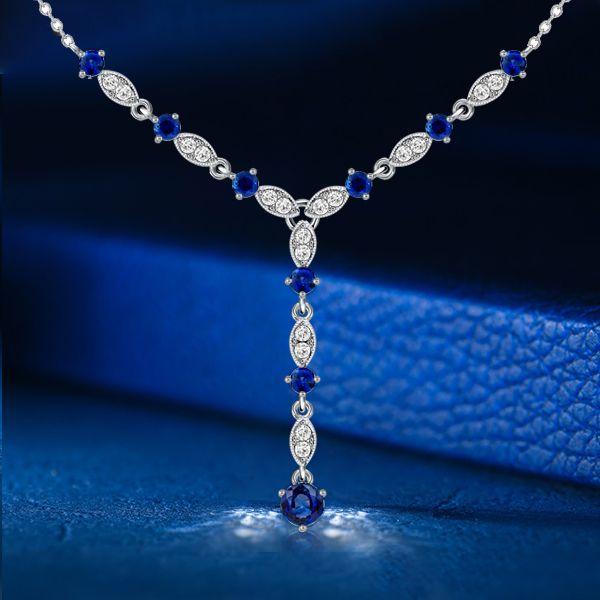 Blue Sapphire Milgrain Y Necklace in Sterling Silver - 1.32 CT. TW