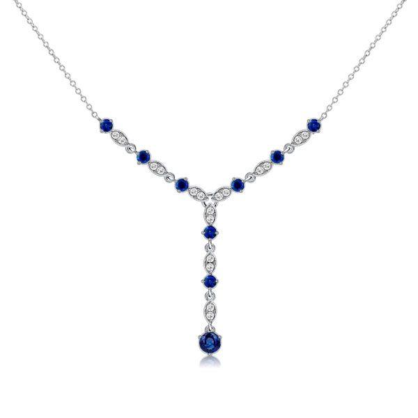 Blue Sapphire Milgrain Y Necklace in Sterling Silver - 1.32 CT. TW