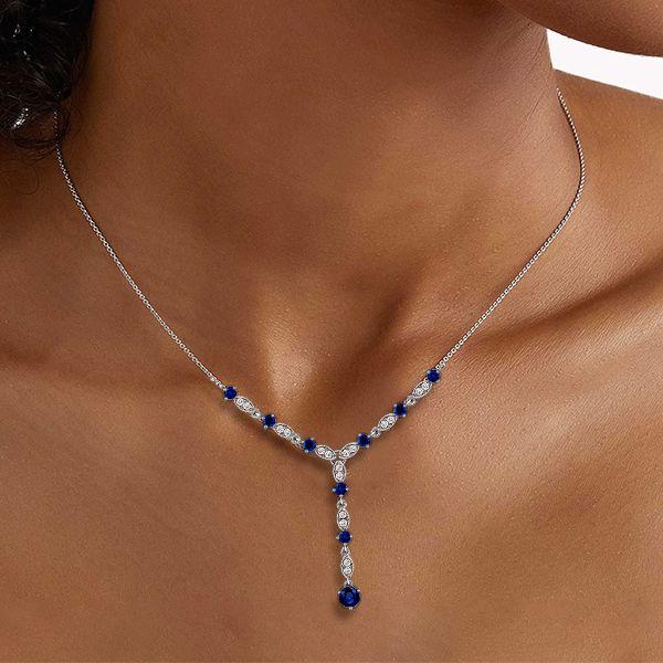 Blue Sapphire Milgrain Y Necklace in Sterling Silver - 1.32 CT. TW
