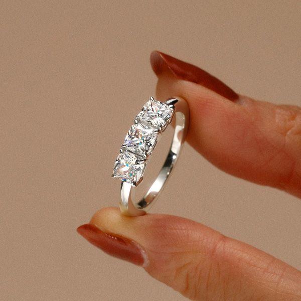 3 Stone Cushion Cut Sterling Silver Engagement Ring - Classic Style